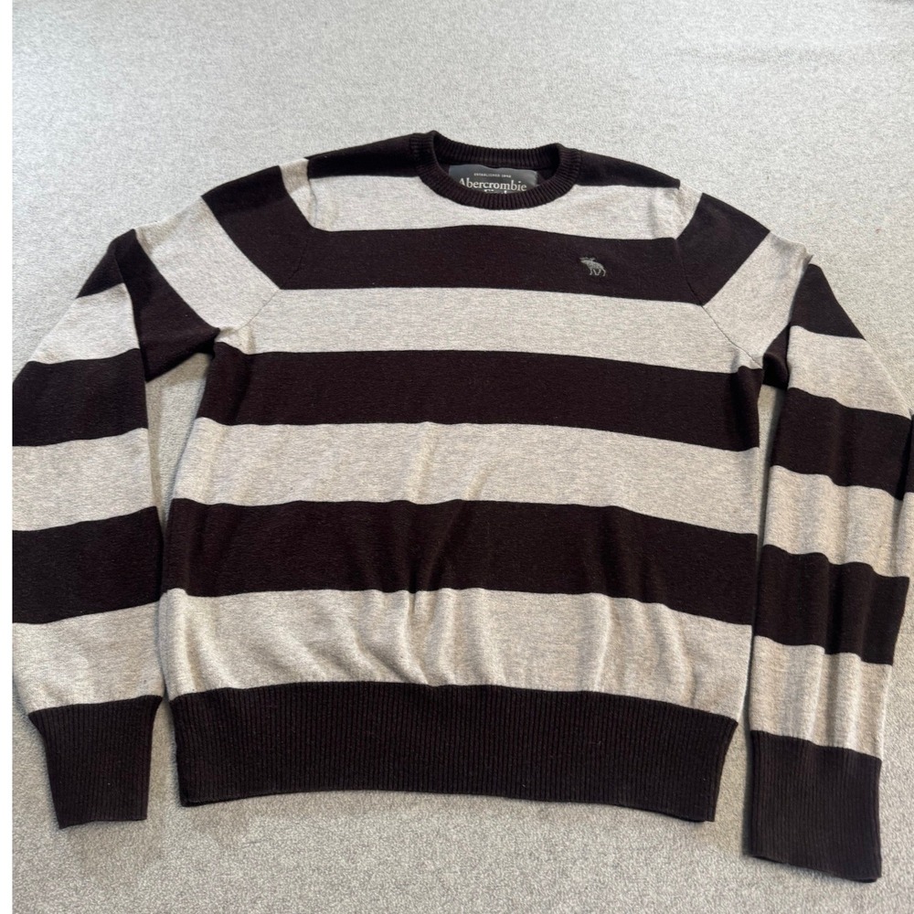 Abercrombie & Fitch Striped Sweater Mens M Brown Grey Good Classic Moose Logo